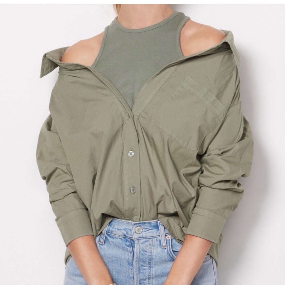 Monrow 100% organic cotton button down olive green built in tank
